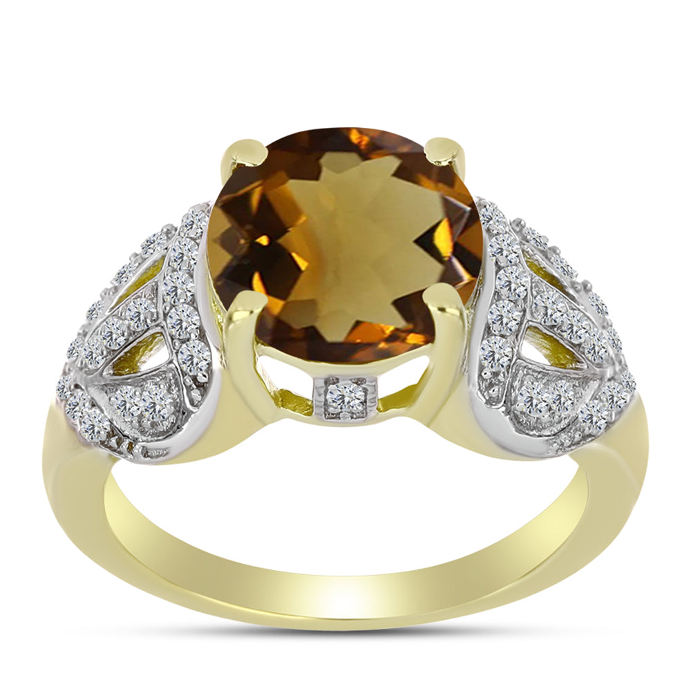Inel din Argint 925 Placat cu Aur ( 4.15 grame ) cu Cuarț Coniac și Topaz Alb 3.76 Carate 3 