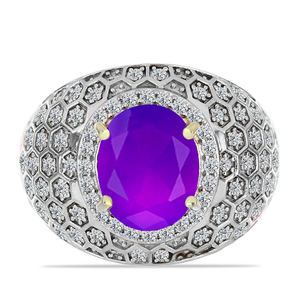 Inel din Argint 925 Placat cu Aur ( 5.96 grame ) cu Agat Violet și Topaz Alb 2.69 Carate 1 