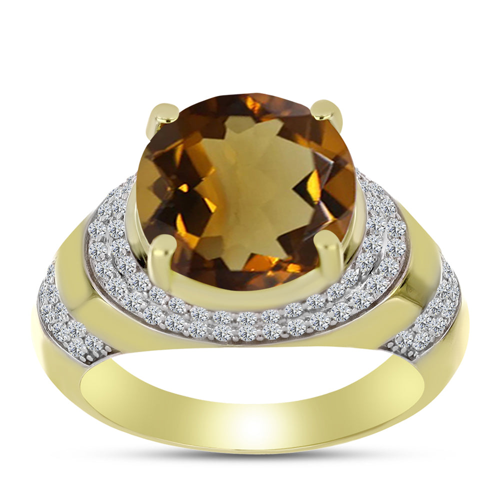 Inel din Argint 925 Placat cu Aur ( 4.84 grame ) cu Cuarț Coniac și Topaz Alb 5.82 Carate