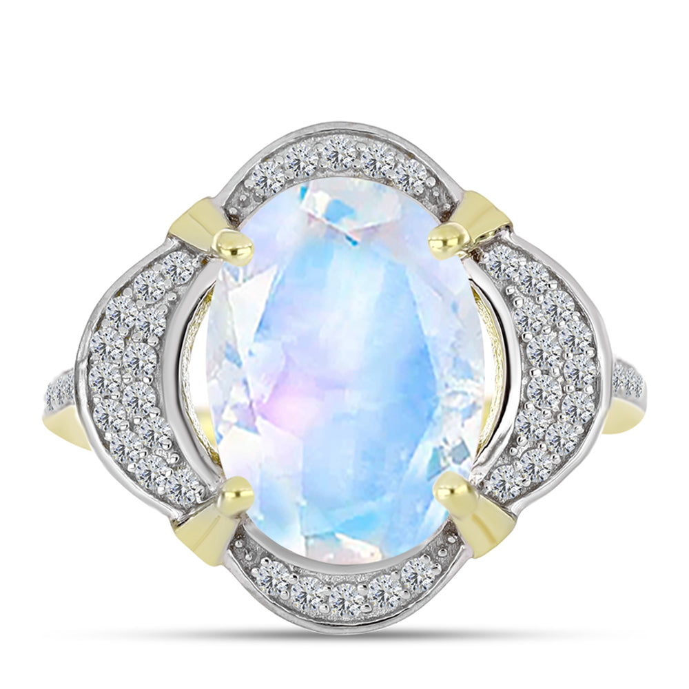 Inel din Argint 925 Placat cu Aur ( 3.62 grame ) cu Piatra Lunii Curcubeu și Topaz Alb 5.53 Carate