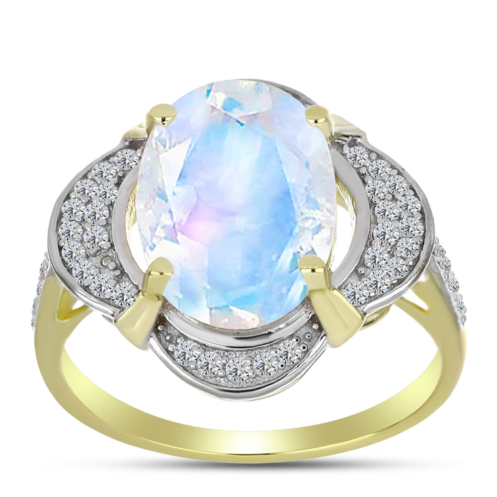 Inel din Argint 925 Placat cu Aur ( 3.62 grame ) cu Piatra Lunii Curcubeu și Topaz Alb 5.53 Carate 3 