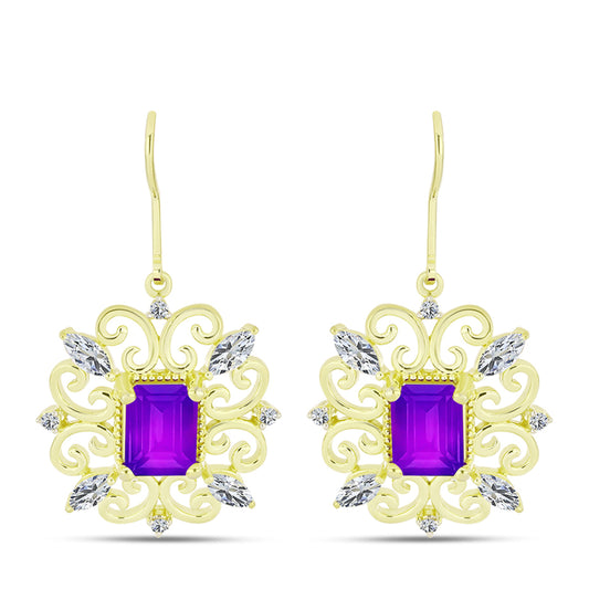 Cercei din Argint 925 Placat cu Aur ( 5.5 grame ) cu Agat Violet și Topaz Alb 4.44 Carate
