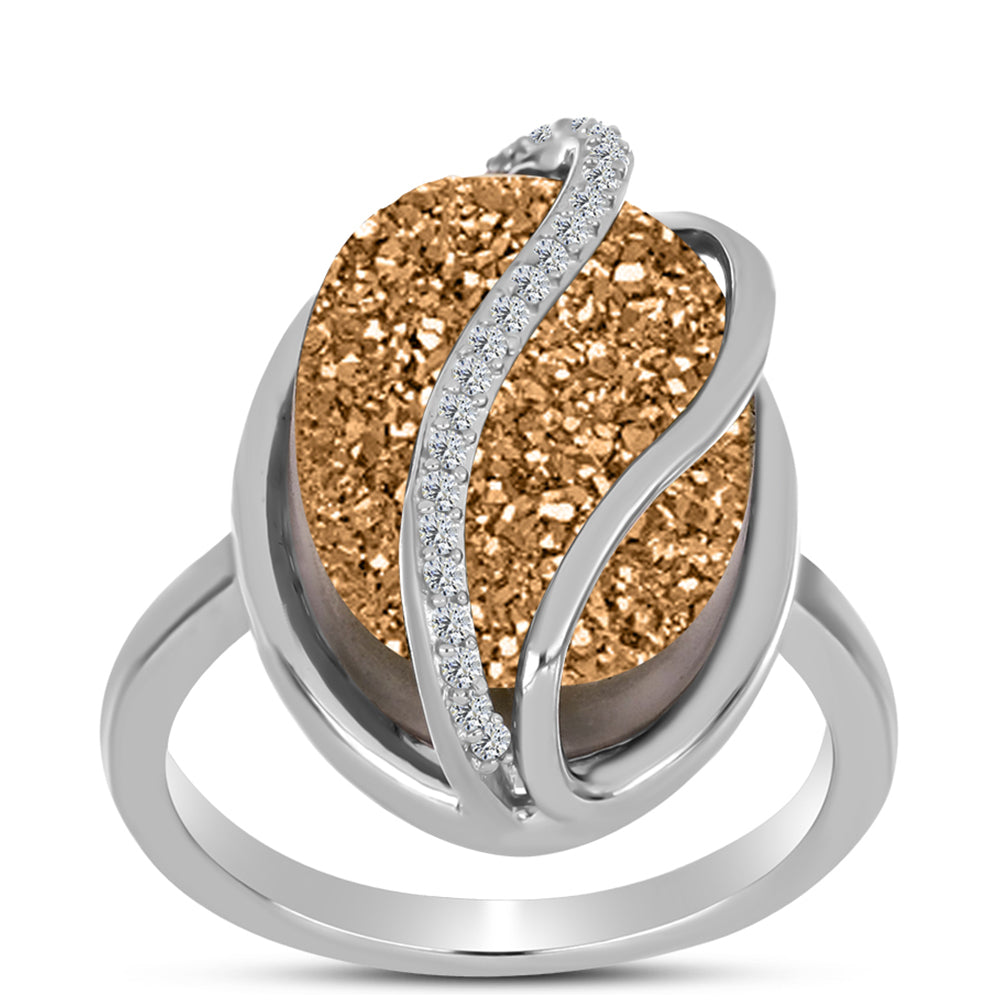 Inel din Argint 925 ( 3.96 grame ) cu Drusy Auriu și Topaz Alb 8.92 Carate 3 
