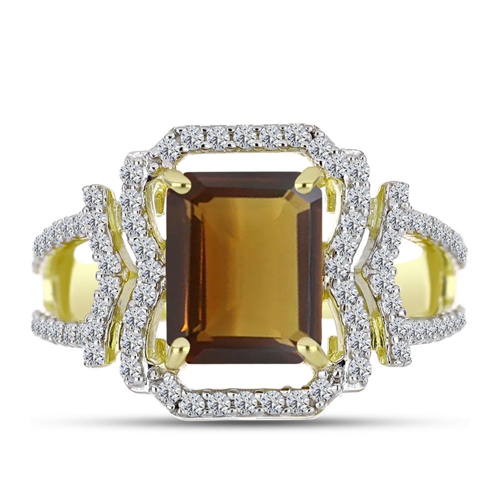 Inel din Argint 925 Placat cu Aur ( 4.43 grame ) cu Cuarț Coniac și Topaz Alb 3.62 Carate