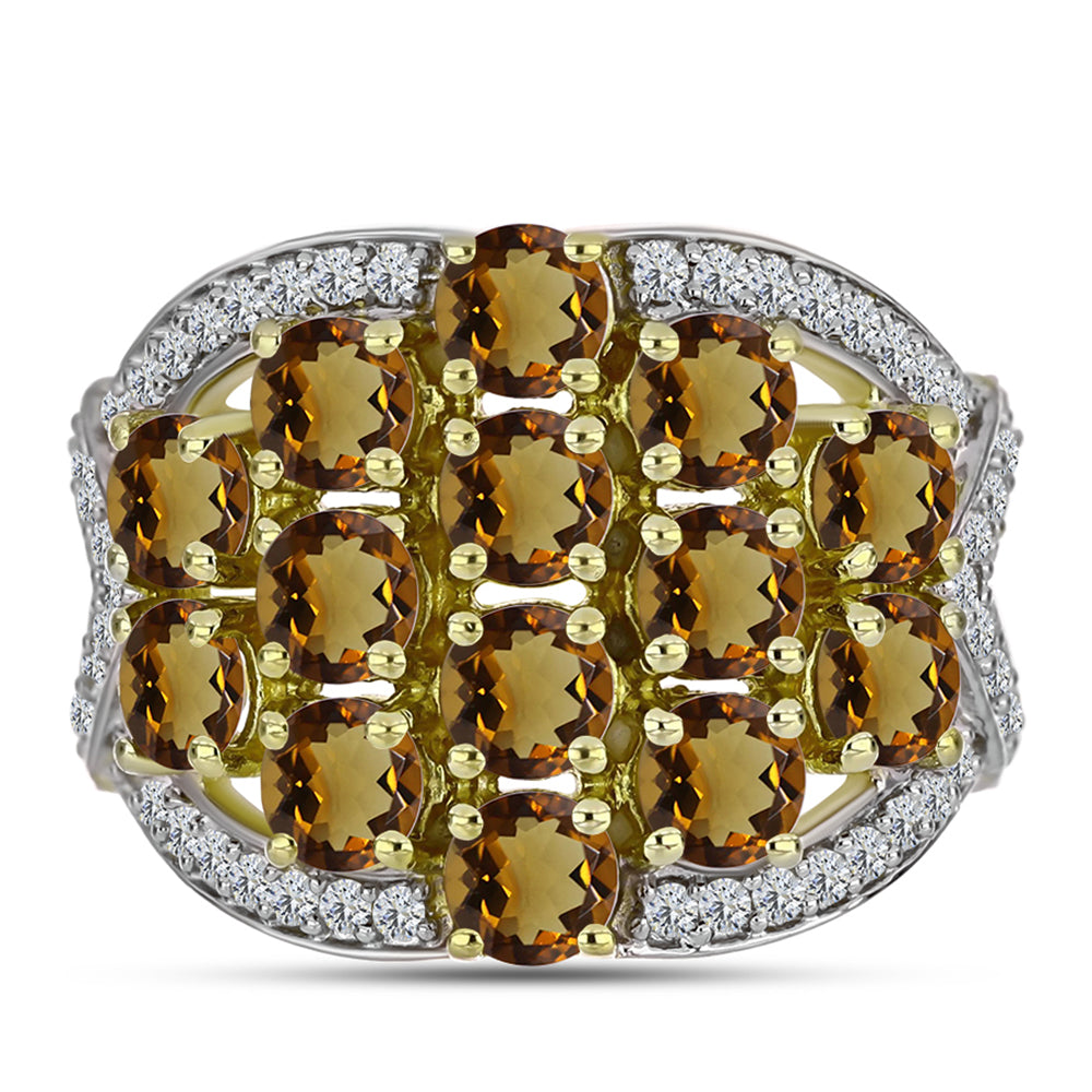 Inel din Argint 925 Placat cu Aur ( 6.81 grame ) cu Cuarț Coniac și Topaz Alb 4.09 Carate 1 