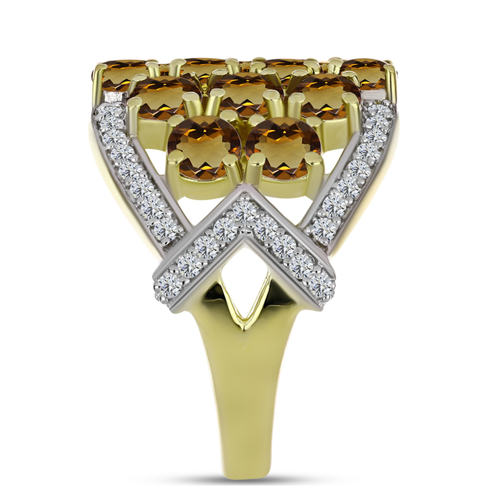Inel din Argint 925 Placat cu Aur ( 6.81 grame ) cu Cuarț Coniac și Topaz Alb 4.09 Carate 4 