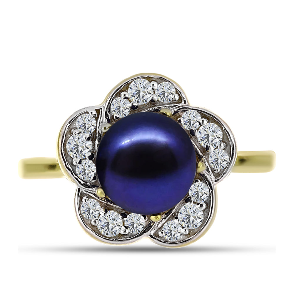 Inel din Argint 925 Placat cu Aur ( 3.34 grame ) cu Perlă de Cultură Neagră și Topaz Alb 3.47 Carate 1 