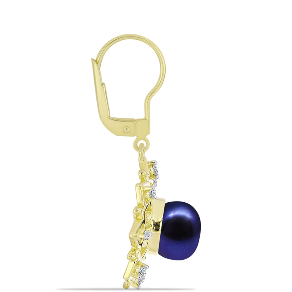 Cercei din Argint 925 Placat cu Aur ( 4.74 grame ) cu Perlă de Cultură Neagră și Topaz Alb 6.12 Carate