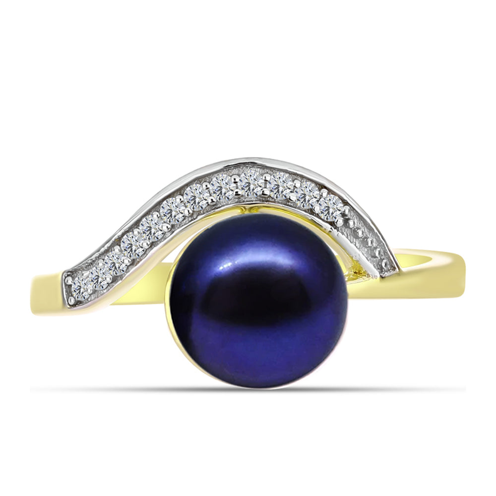 Inel din Argint 925 Placat cu Aur ( 2.59 grame ) cu Perlă de Cultură Neagră și Topaz Alb 2.86 Carate