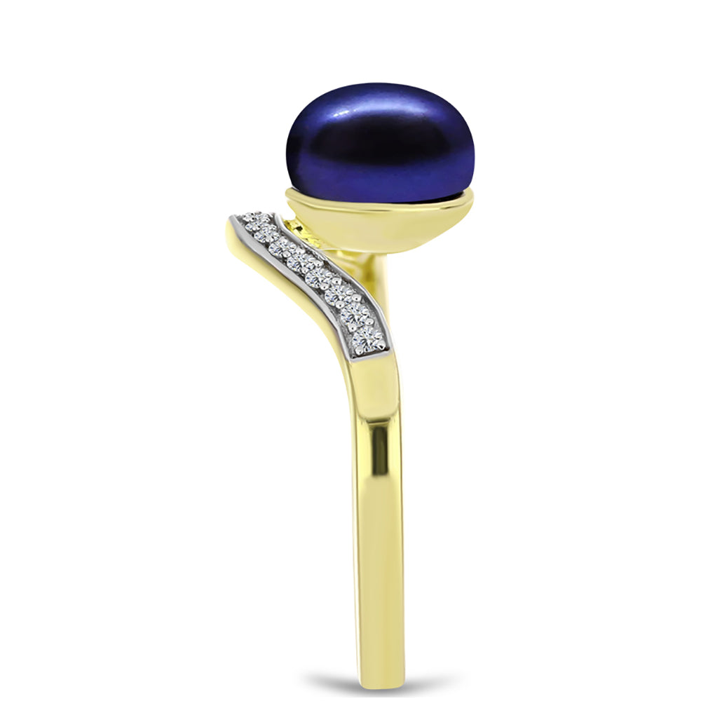 Inel din Argint 925 Placat cu Aur ( 2.59 grame ) cu Perlă de Cultură Neagră și Topaz Alb 2.86 Carate 4 