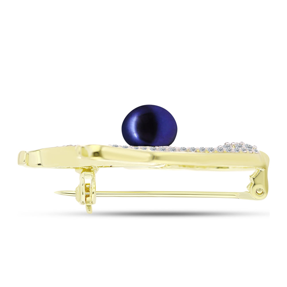 Broşă din Argint 925 Placat cu Aur ( 4.74 grame ) cu Perlă de Cultură Neagră și Topaz Alb 3.6 Carate 2 