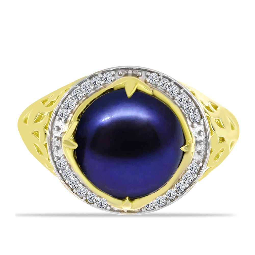 Inel din Argint 925 Placat cu Aur ( 2.75 grame ) cu Perlă de Cultură Neagră și Topaz Alb 5.88 Carate