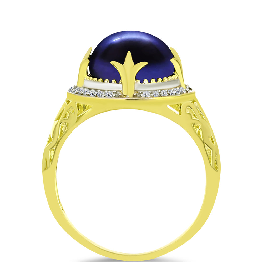 Inel din Argint 925 Placat cu Aur ( 2.75 grame ) cu Perlă de Cultură Neagră și Topaz Alb 5.88 Carate 2 