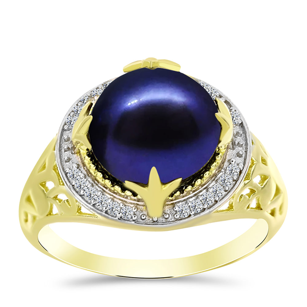Inel din Argint 925 Placat cu Aur ( 2.75 grame ) cu Perlă de Cultură Neagră și Topaz Alb 5.88 Carate