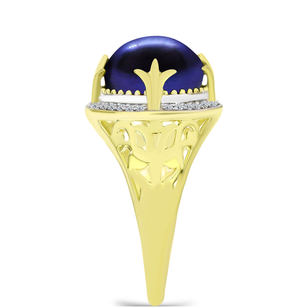 Inel din Argint 925 Placat cu Aur ( 2.75 grame ) cu Perlă de Cultură Neagră și Topaz Alb 5.88 Carate