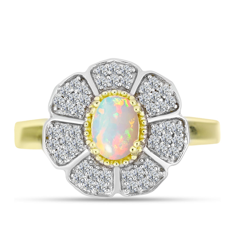 Inel din Argint 925 Placat cu Aur ( 4.22 grame ) cu Opal Welo și Topaz Alb 0.85 Carate 1 