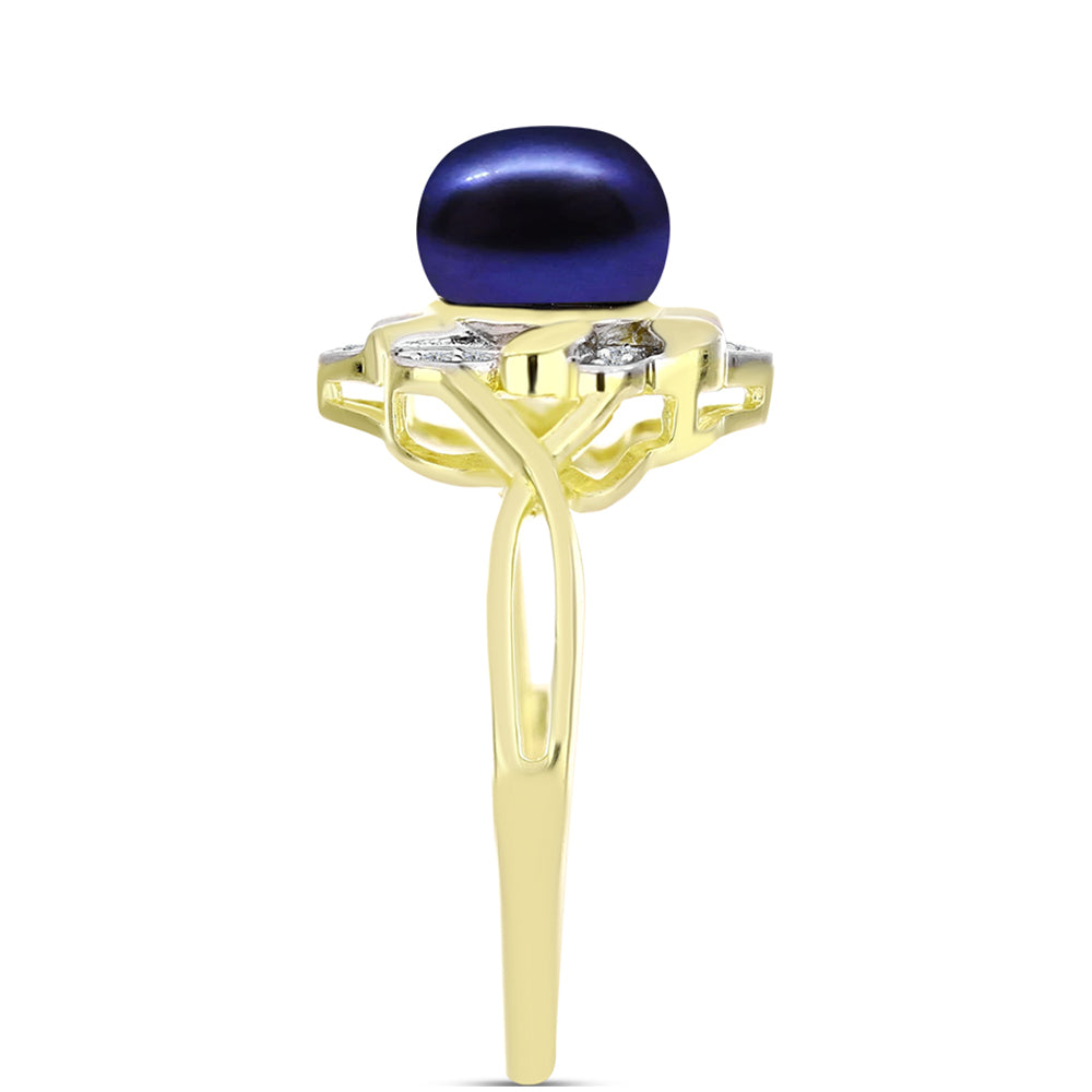 Inel din Argint 925 Placat cu Aur ( 3.58 grame ) cu Perlă de Cultură Neagră și Topaz Alb 3.22 Carate
