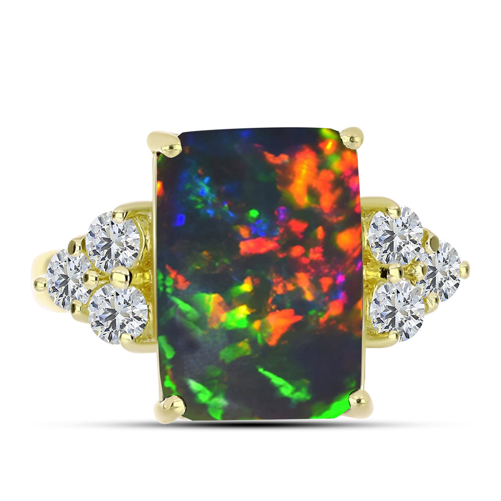 Inel din Argint 925 Placat cu Aur ( 3.52 grame ) cu Opal Etiopian Negru Lega Dembi și Topaz Alb 5.57 Carate 1 