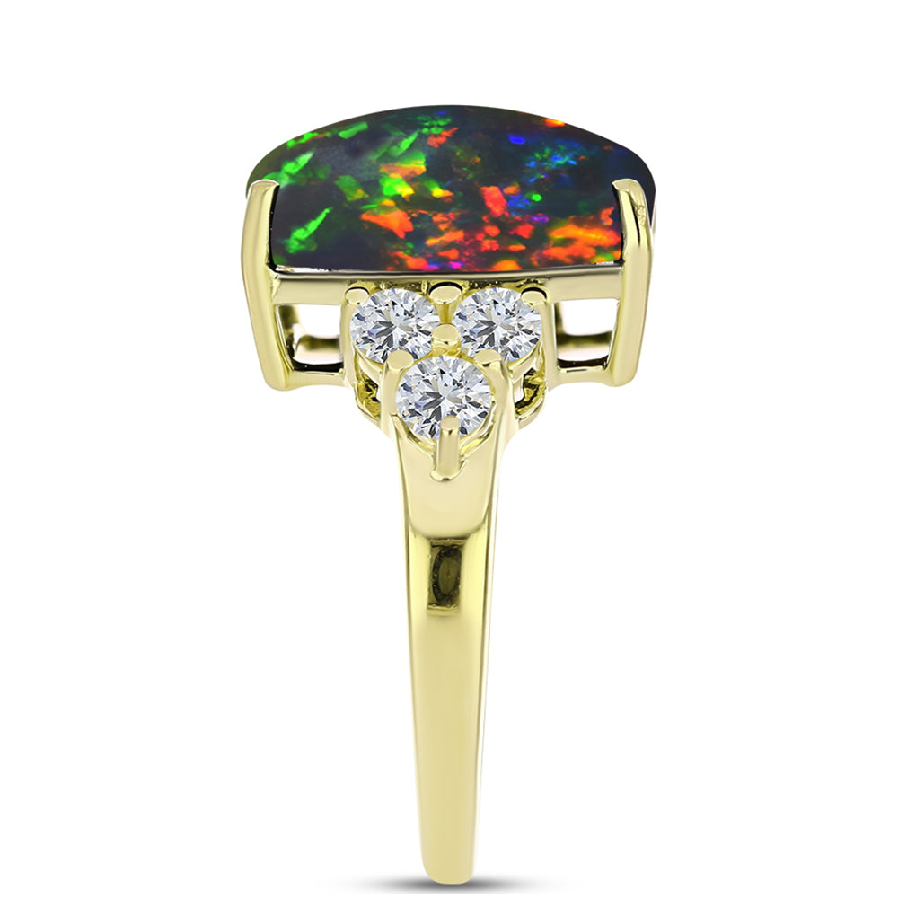 Inel din Argint 925 Placat cu Aur ( 3.52 grame ) cu Opal Etiopian Negru Lega Dembi și Topaz Alb 5.57 Carate 4 