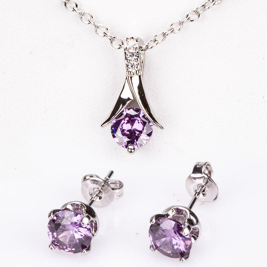 Set din Aliaj Placat cu Aur Alb cu Cristal Violet Emporia® ( Colier+Cercei+Pandantiv )