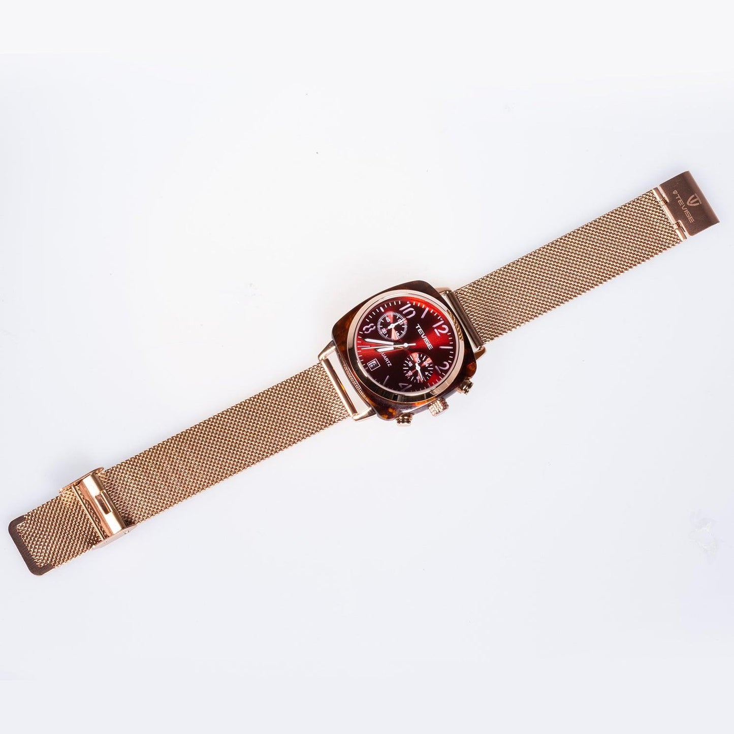 Ceas din Oțel Inoxidabil cu Cronometru, Cadran Roșu și Curea din Metal Auriu - Galeria de Bijuterii