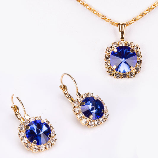 Set din Aliaj Placat cu Aur cu Cristal Albastru Emporia® ( Colier+Cercei+Pandantiv )