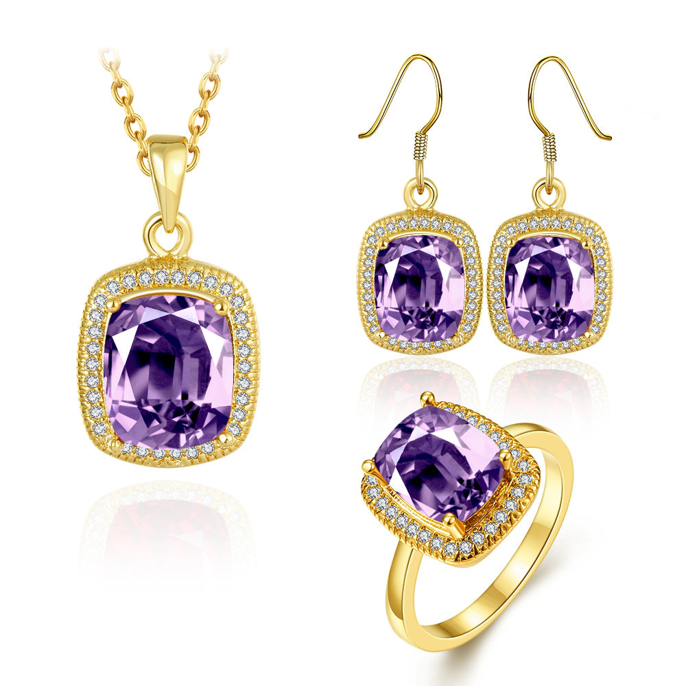 Set din Aliaj Placat cu Aur cu Cristal Violet Emporia® ( Colier+Cercei+Inel ) 1 