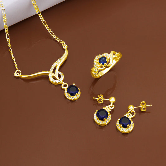 Set din Aliaj Placat cu Aur cu Cristal Albastru Emporia® ( Colier+Cercei+Inel )