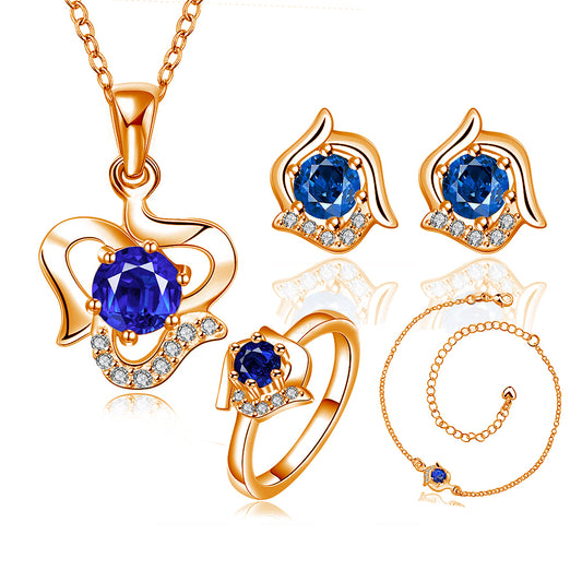 Set din Aliaj Placat cu Aur cu Cristal Albastru Emporia® ( Colier+Cercei+Brățară+Inel )