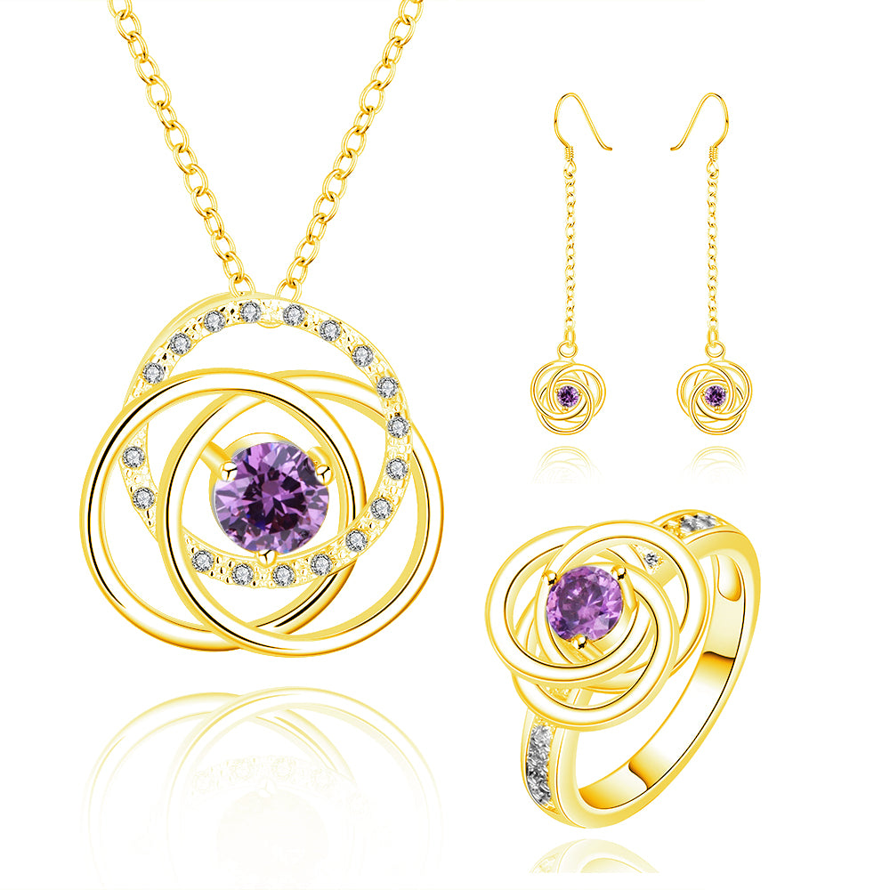 Set din Aliaj Placat cu Aur cu Cristal Violet Emporia® ( Colier+Cercei+Inel ) 1 