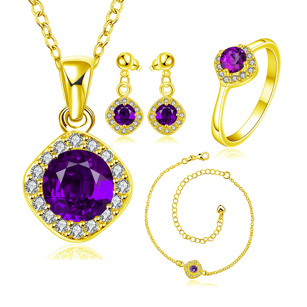 Set din Aliaj Placat cu Aur cu Cristal Violet Emporia® ( Colier+Cercei+Brățară+Inel ) 1 