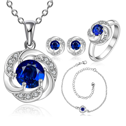 Set din Aliaj Placat cu Aur cu Cristal Albastru Emporia® ( Colier+Cercei+Brățară+Inel )