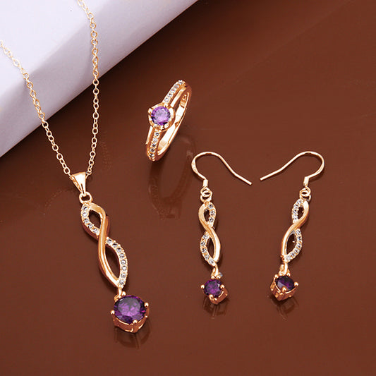 Set din Aliaj Placat cu Aur cu Cristal Violet Emporia® ( Colier+Cercei+Inel )