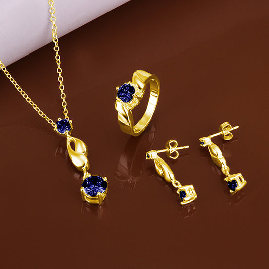 Set din Aliaj Placat cu Aur cu Cristal Albastru Emporia® ( Colier+Cercei+Inel )