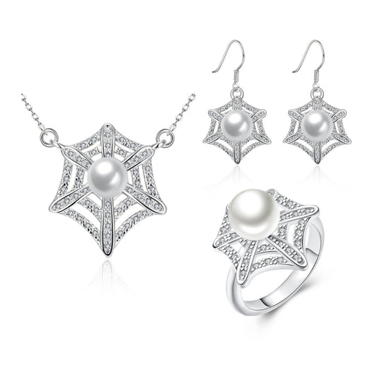 Set din Aliaj Placat cu Aur cu Cristal Alb Emporia® și Perlă ( Colier+Cercei+Inel )