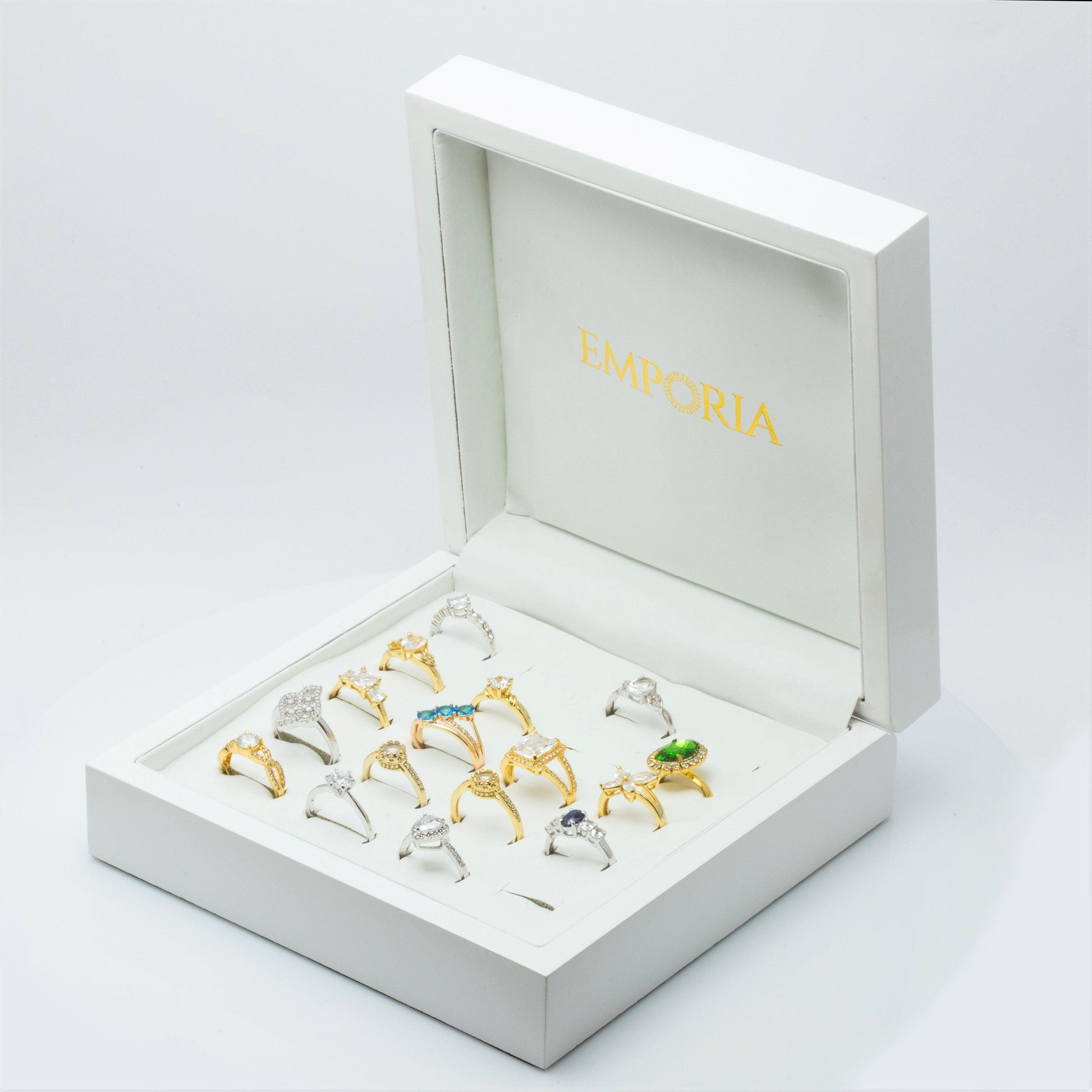 Cutie de Bijuterii din Lemn Alb cu Piele Ecologică pentru 20 de Inele - Galeria de Bijuterii