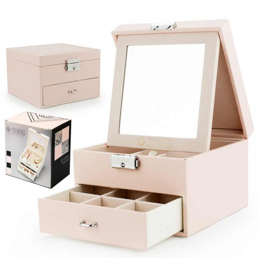 Cutie pentru Bijuterii și Organizator Elegant cu Oglindă, Roz Pudră - Galeria de Bijuterii