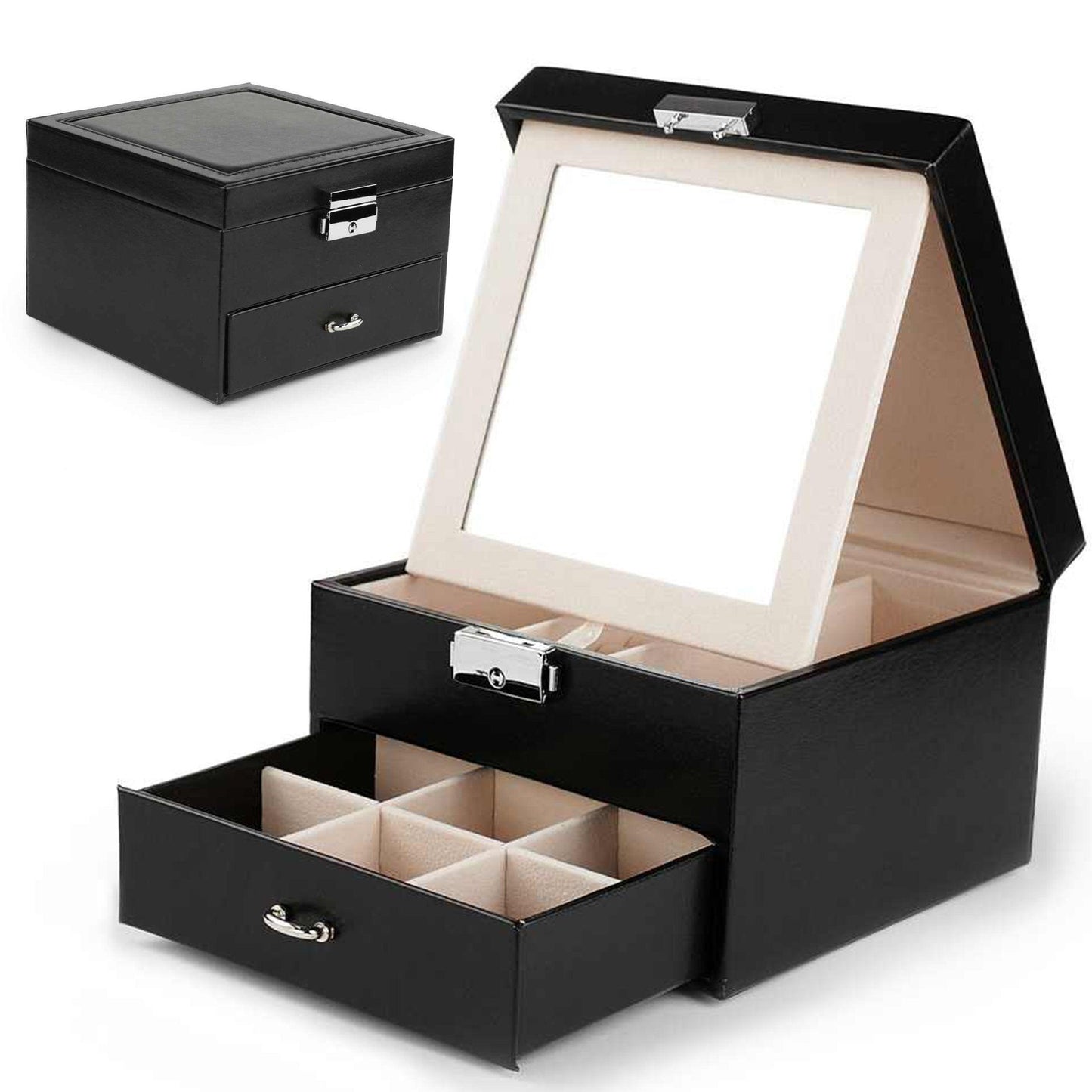 Cutie pentru Bijuterii și Organizator Elegant cu Oglindă, Negru - Galeria de Bijuterii