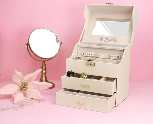 Cutie pentru Bijuterii și Organizator Elegant Stenberg cu Oglindă, Alb - Galeria de Bijuterii