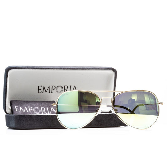Emporia Italy - Ochelari de Soare polarizați, seria Aviator "JUNGLE", cu husă și lavetă de curățare, lentile galben-verzi, ramă aurie.