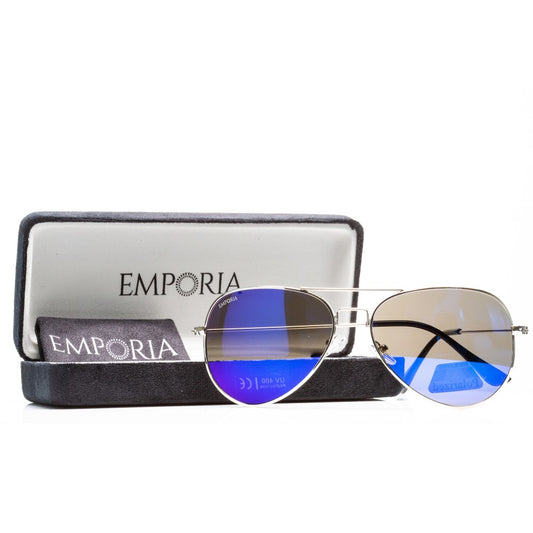 Emporia Italy - Ochelari de Soare polarizați, seria Aviator "LAGUNA", cu husă și lavetă de curățare, lentile albastre-violet, ramă argintie.