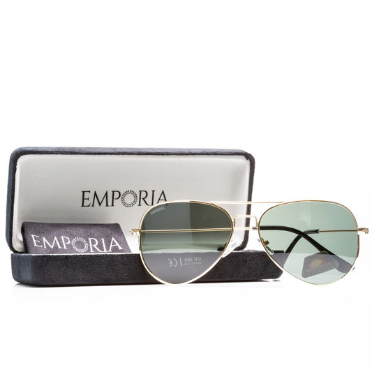 Emporia Italy - Ochelari de Soare polarizați, Aviator "ORIGINAL", cu husă și lavetă de curățare, lentile clasice verzi închis, ramă aurie.