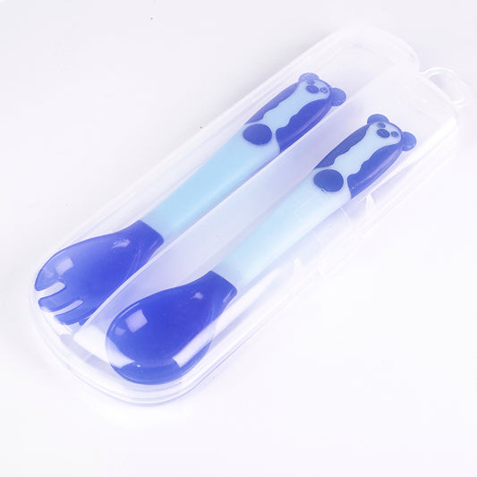 Set de linguri și furculițe pentru copii cu senzor de căldură, pliabile, fără BPA, culoare: albastru