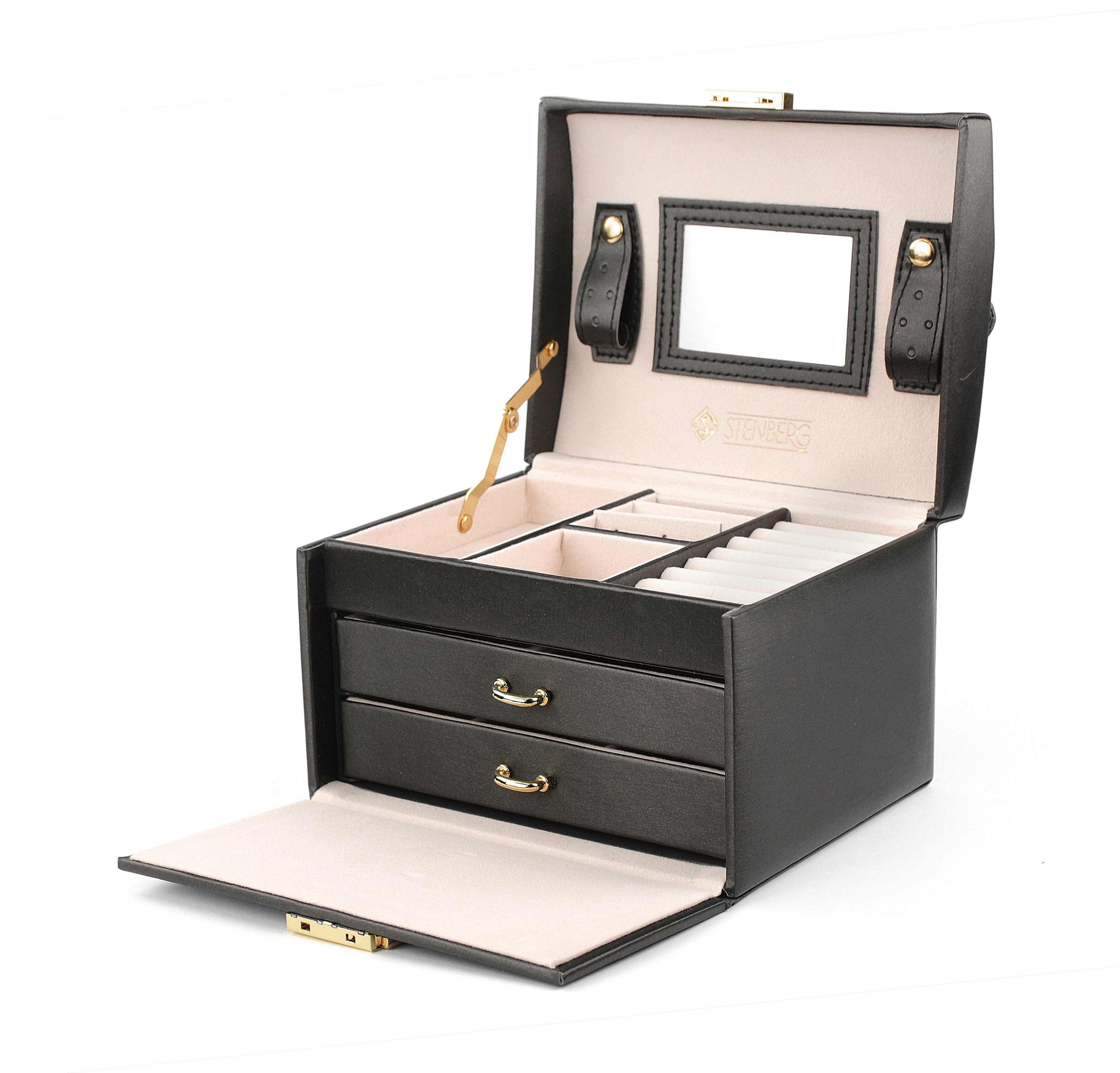 Cutie Pentru Bijuterii Portabilă Elegantă cu Interior de Piele Întoarsă, Neagră - Galeria de Bijuterii
