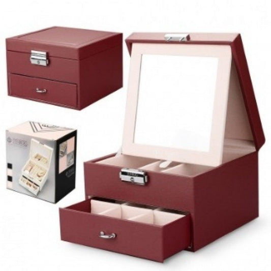 Cutie pentru Bijuterii și Organizator Elegant cu Oglindă, Roșu - Galeria de Bijuterii