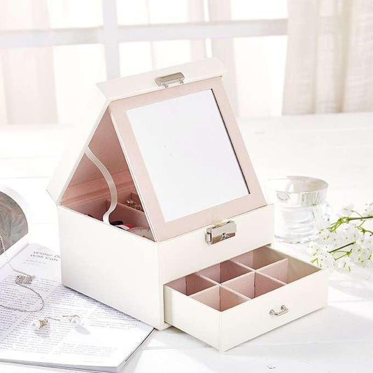 Cutie pentru Bijuterii și Organizator Elegant cu Oglindă, Alb - Galeria de Bijuterii