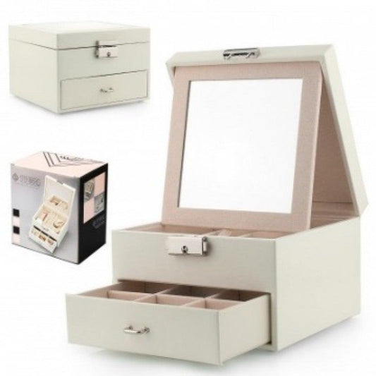 Cutie pentru Bijuterii și Organizator Elegant cu Oglindă, Alb - Galeria de Bijuterii
