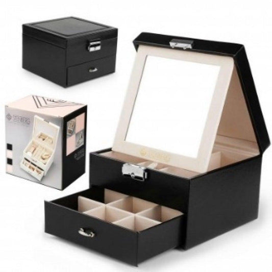 Cutie pentru Bijuterii și Organizator Elegant cu Oglindă, Negru - Galeria de Bijuterii