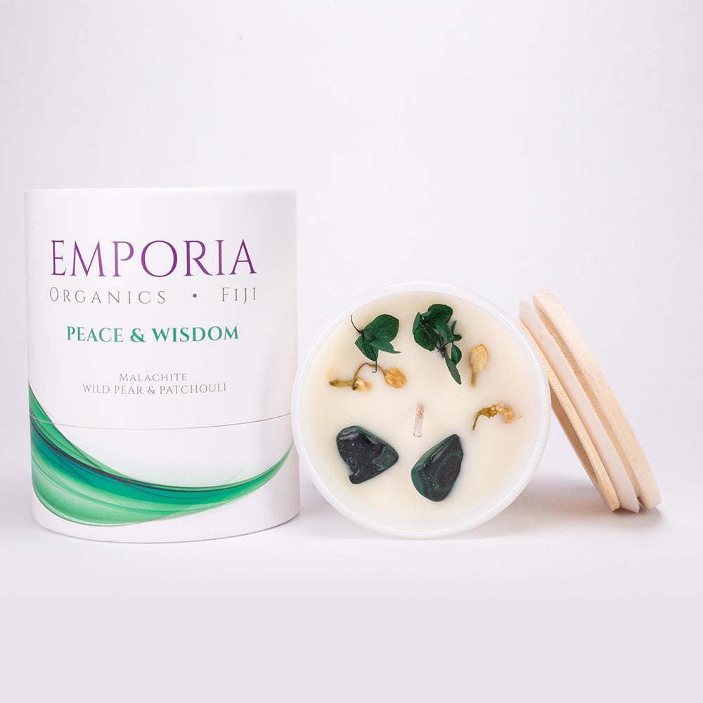 Lumânare de Sticlă Emporia Organics: Fiji -PEACE & WISDOM, cu malachit, aromă de pară sălbatică și patchouli, 100% ceară de soia, 230 g 2 