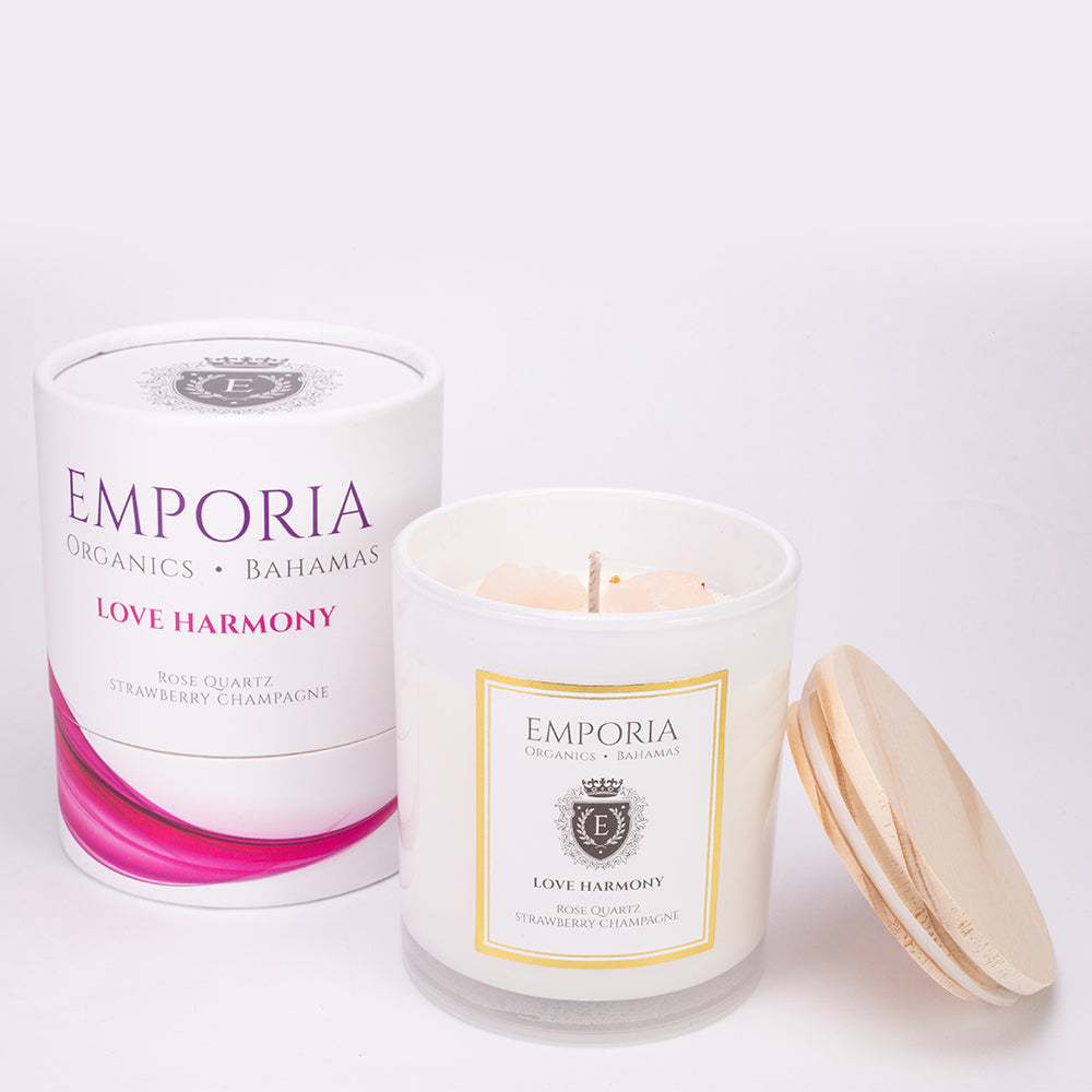 Lumânare de Sticlă Emporia Organics: Bahamas - LOVE HARMONY, cu cuarț roz, aromă de căpșuni și șampanie, 100% ceară de soia, 230 g 2 